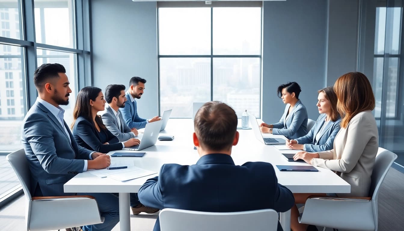 Engaged professionals discussing Federal and State contracts in a modern conference room setting.