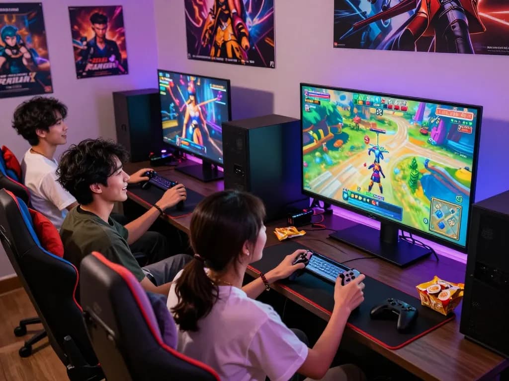 Friends enjoying a multiplayer hentai game in a vibrant gaming setup with snacks and gaming memorabilia.
