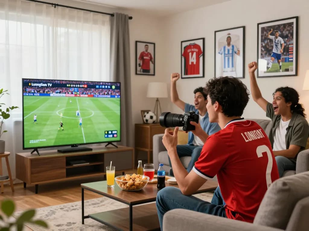 Football fan enjoying a match on LuongSon TV in a vibrant living room atmosphere.