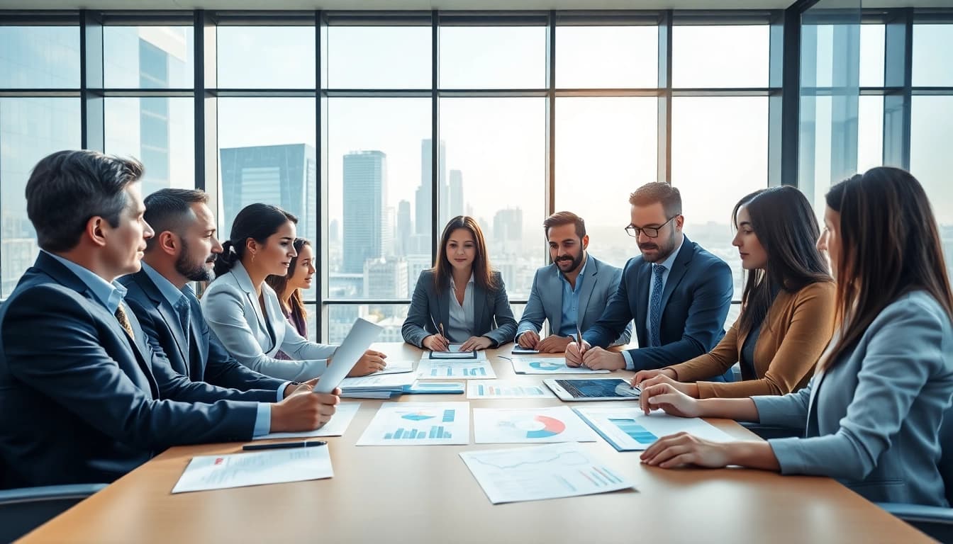 Engaged professionals discussing Federal and State contracts in a modern office.