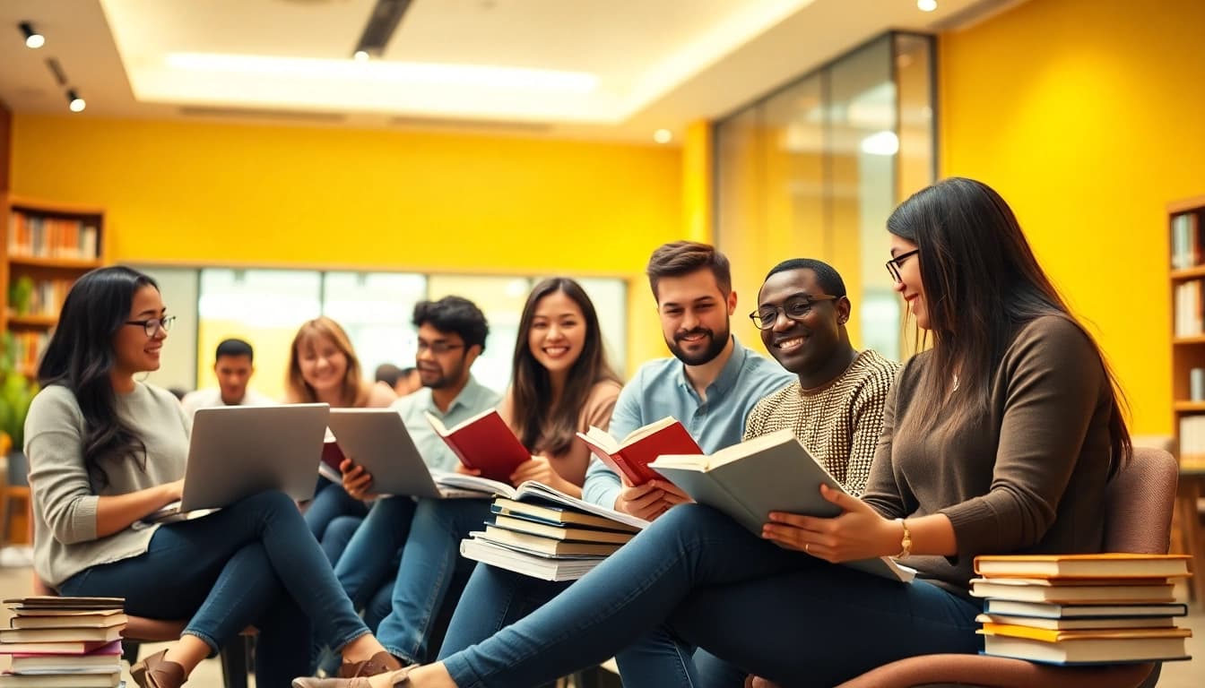 Group of TOEFL test takers for hire collaborating in a bright study space
