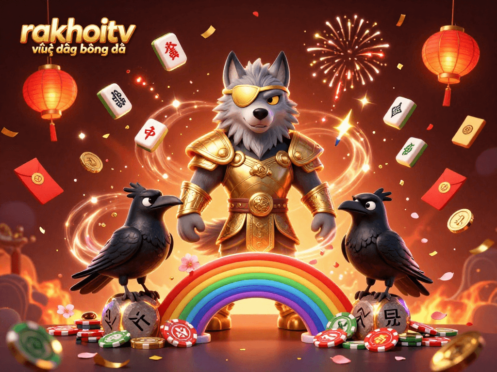 Experience rakhoitv trực tiếp bóng đá with Odin and ravens amidst casino elements and dynamic party atmosphere.
