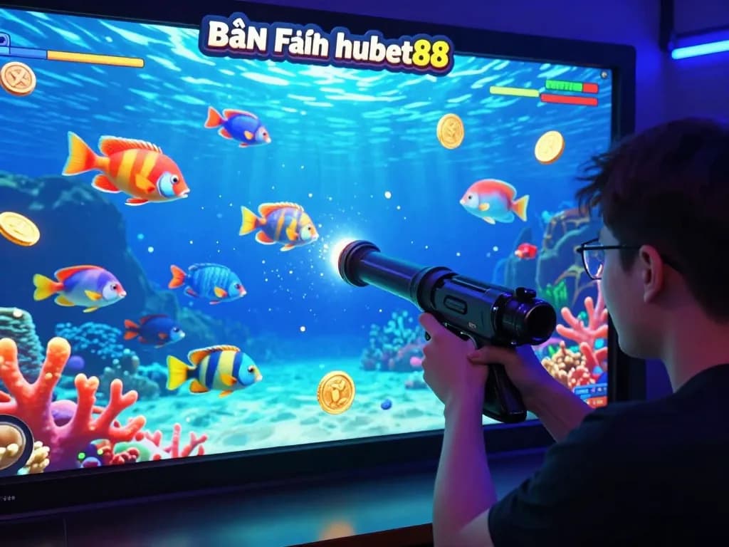 Bắn cá hubet88 online game scene showcasing a player shooting colorful fish in an immersive underwater world.