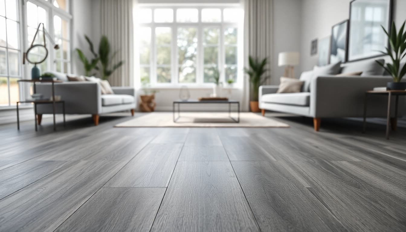 Showcase of grey vinyl flooring in a beautifully designed living room with natural light.