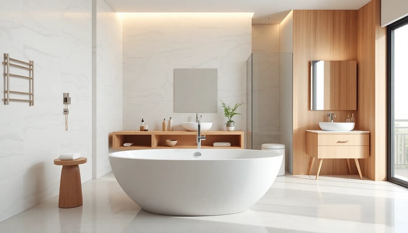 Hochwertige Sonni Sanitärprodukte in modernem Badezimmerdesign ansprechend inszeniert.