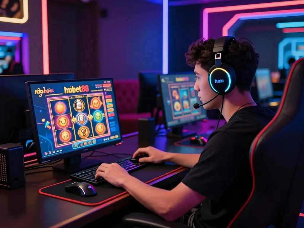 Engaging gamer enjoying nổ hũ hubet88 slot game in luxurious gaming setup.