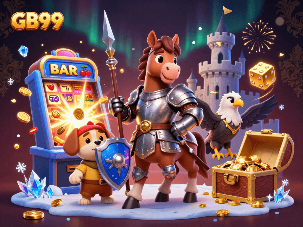 Engage with GB99's vibrant gaming universe, highlighted by medieval characters and exciting casino elements.