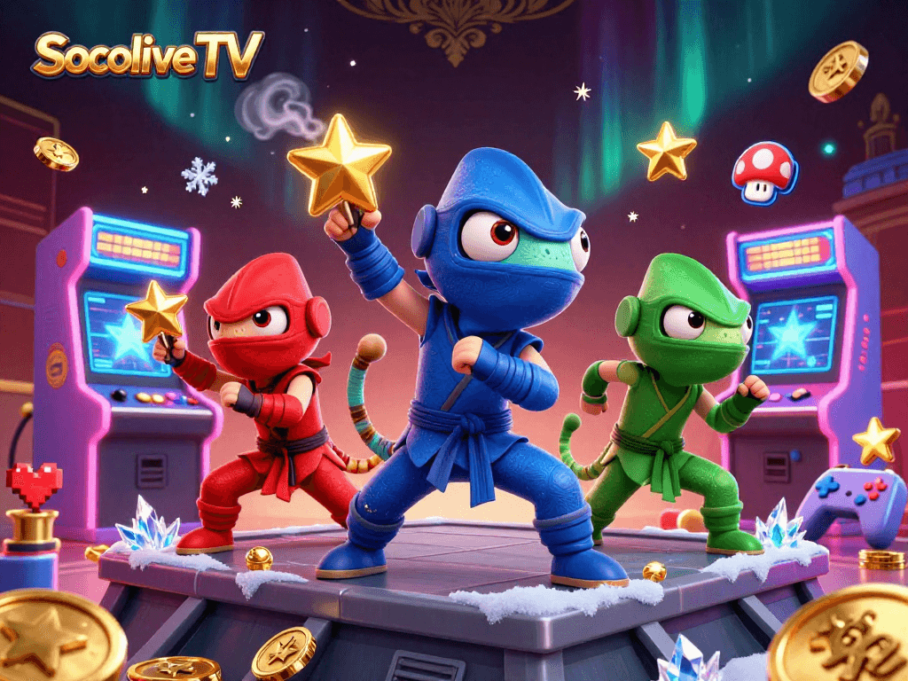 Socolive TV brings a dynamic scene of chameleon ninjas amid colorful casino games for exciting gameplay.