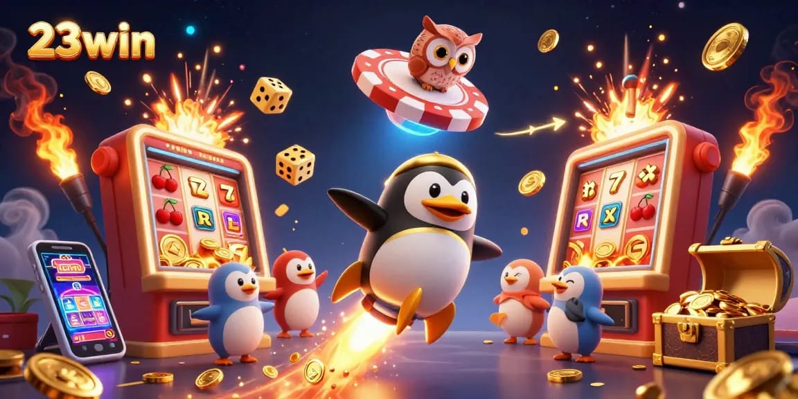 Experience thrilling games with 23win as the penguin and lucky symbols celebrate big wins.