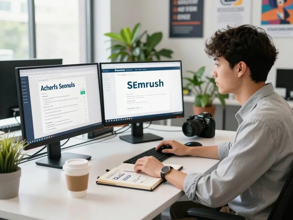 SEO specialist using group buy SEO tools in a vibrant office environment