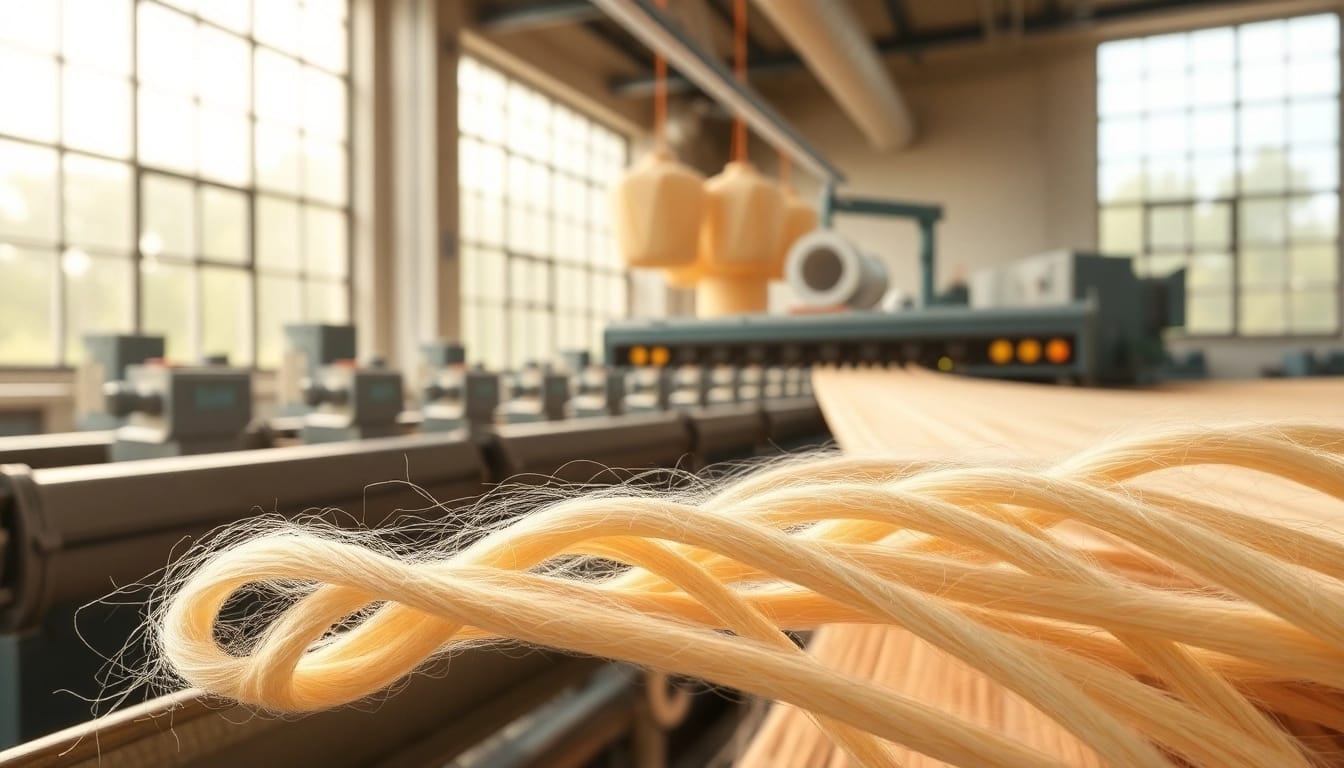 Vlechtende viscose draden in een moderne textielfabriek, met prachtige details.