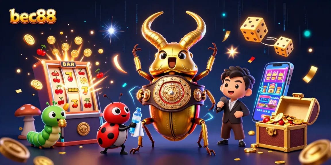 Bec88's dynamic casino scene with a boxing stag beetle and vibrant jackpot elements.