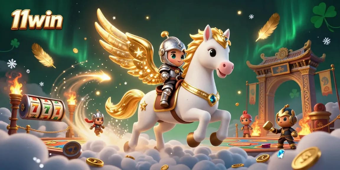 Experience thrilling gameplay with 11win as a celestial knight rides a winning horse.