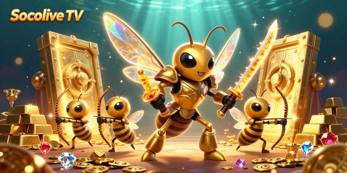 Socolive TV showcases an exciting 3D illustration of casino-themed characters and treasure.