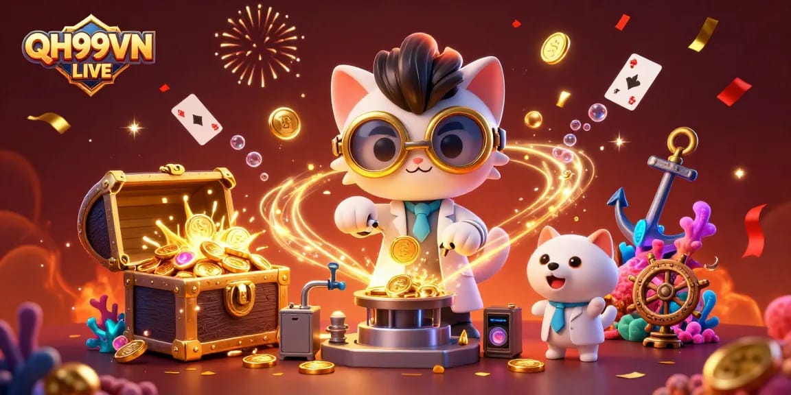 Experience thrilling games with QH99VN LIVE as a playful scientist cat creates gold coins amidst colorful gems.