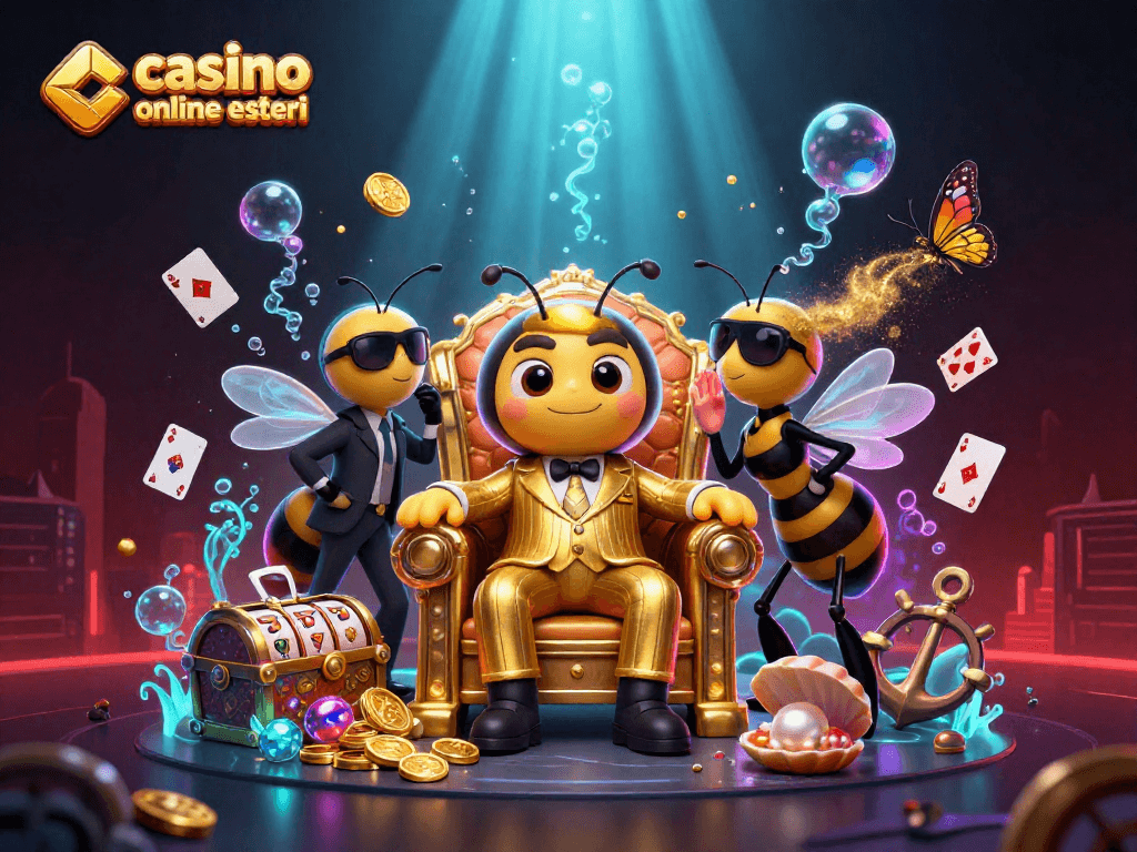 Gioca a casino online esteri con un boss ape e guardie in un ambiente di casinò vivace e dettagliato.