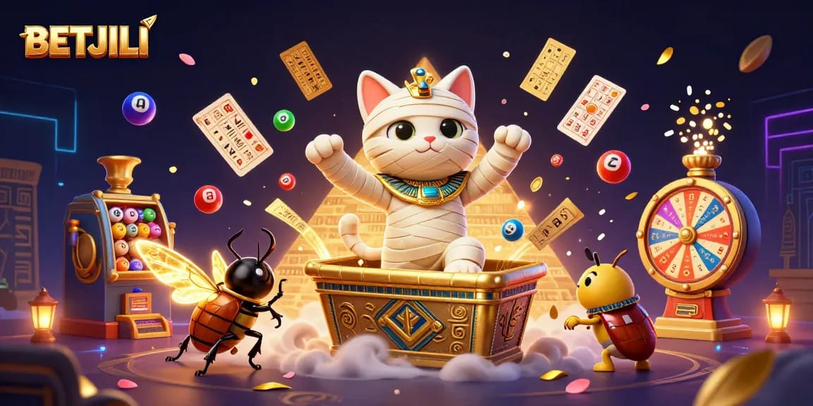 Experience BETJILI's thrilling 3D casino scene with an Egyptian mummy cat and vibrant lottery elements.