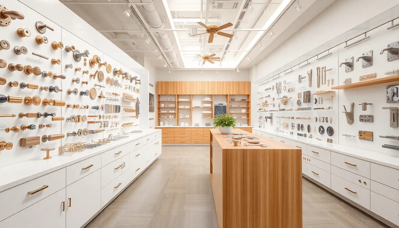Explore premium products from a furniture hardware supplier in a sleek showroom environment.