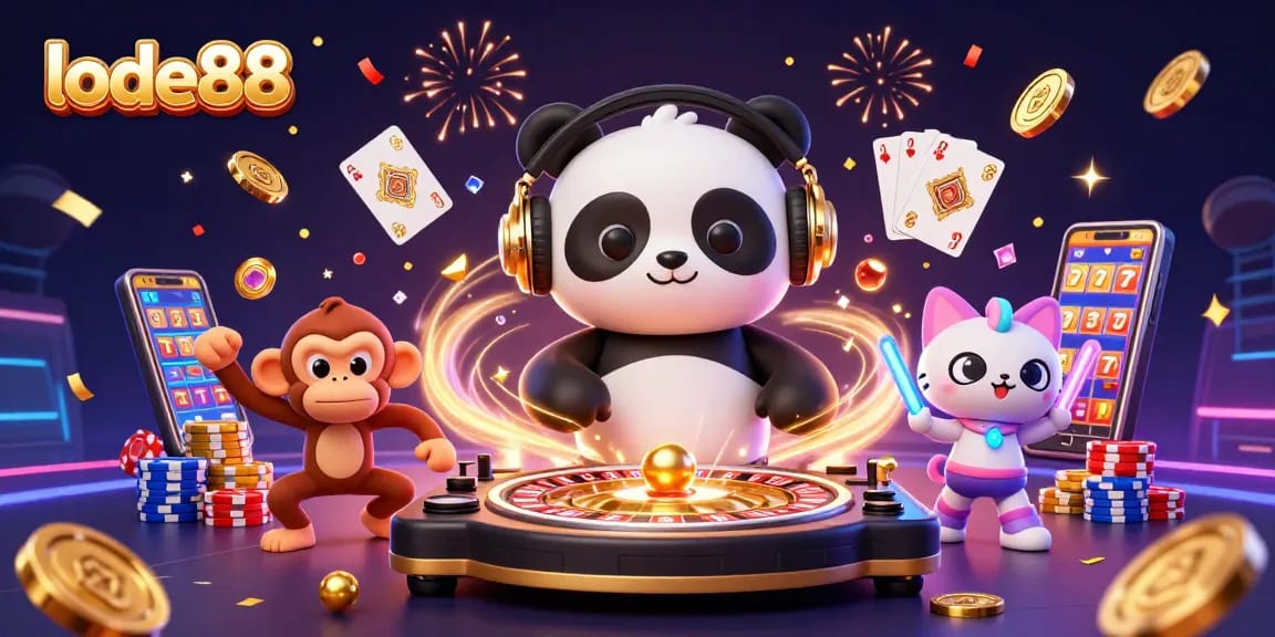 Engage with lode88's vibrant casino scene featuring a DJ panda and dynamic gambling elements.