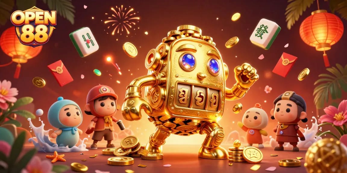 Engage in thrilling action at OPEN 88 with vibrant casino elements surrounding a golden golem.