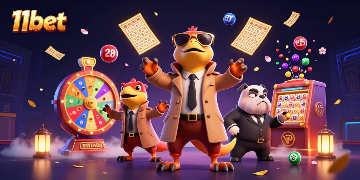 Engage with the vibrant scene of 11bet where raptors in a trench coat comically attempt to enter a casino, showcasing dynamic lottery elements.