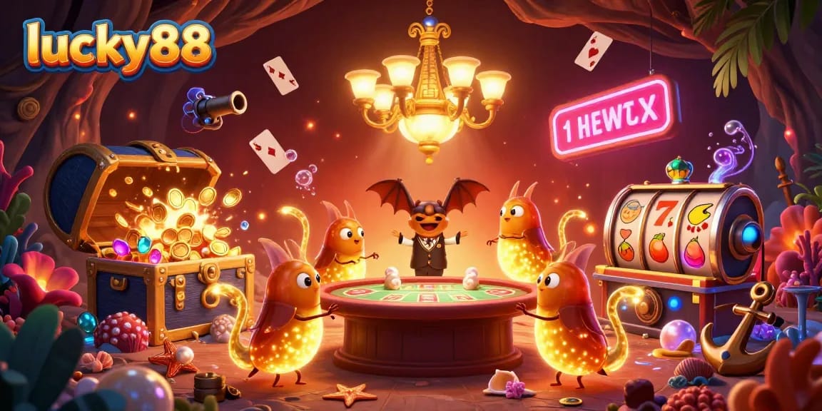 Play lucky88 with a vibrant scene featuring glowworms and slot game elements illuminating a cave casino.