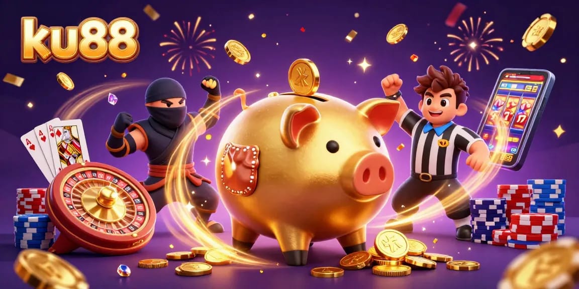 ku88 vibrantly showcases a dynamic scene with characters and casino elements to enhance engagement.