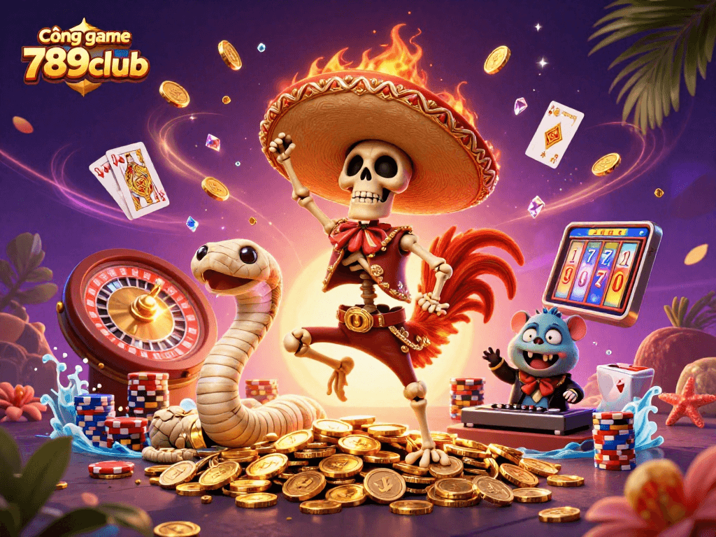 Experience excitement at Cổng game 789club with a lively scene featuring cartoon characters celebrating with casino elements.