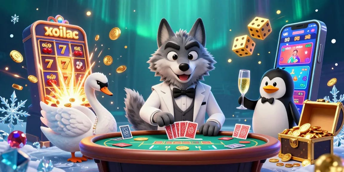Xoilac offers exciting online gaming with a lively scene of a debonair wolf, an elegant swan, and a slick penguin enjoying the thrill of gambling.