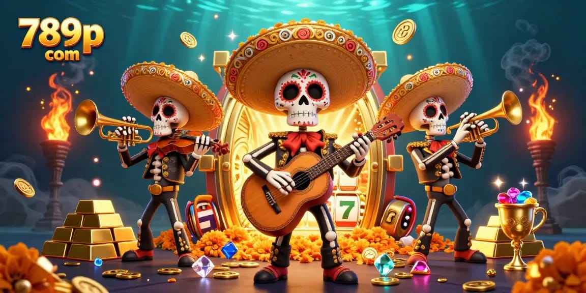 Win big with 789p com as colorful skeletons celebrate in a vibrant casino scene filled with treasures.