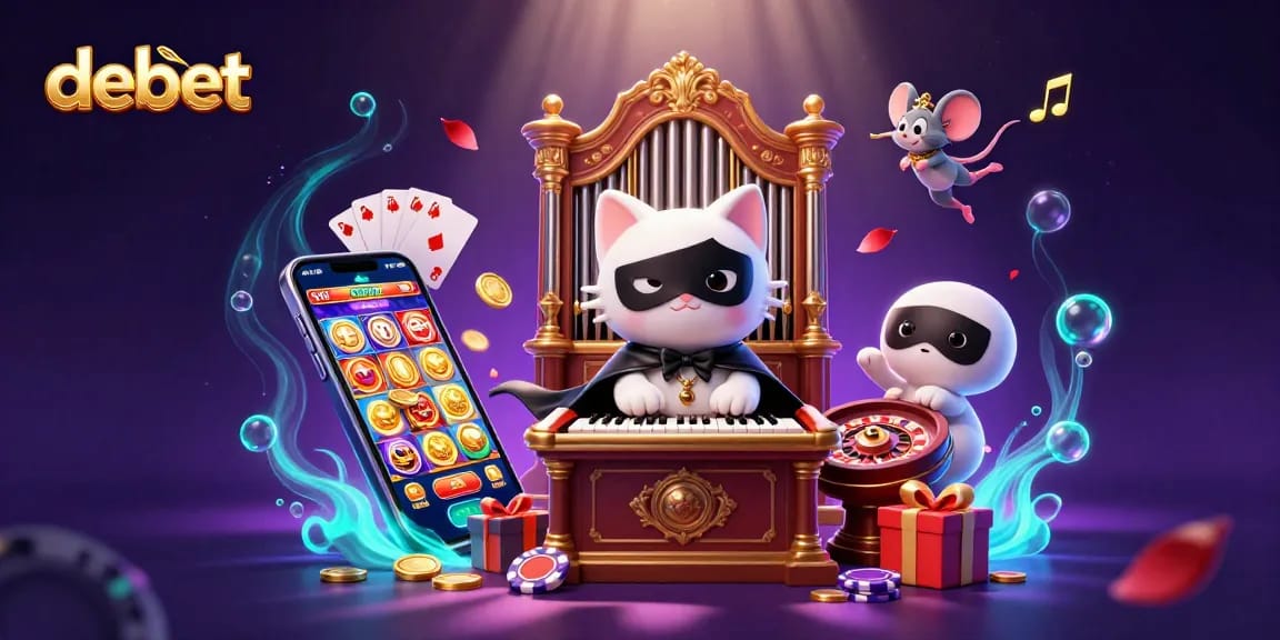 Engage with the debet world of gambling through a vibrant 3D casino illustration featuring a whimsical cat and dynamic game elements.