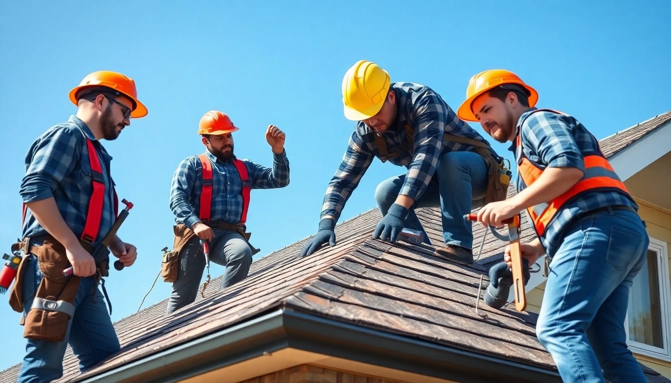 Skilled roofing company workers diligently installing roofing materials on a sunny day.
