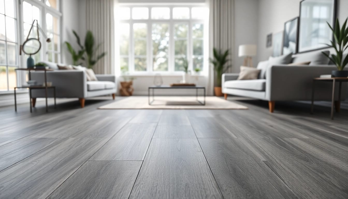 Showcase of grey vinyl flooring in a beautifully designed living room with natural light.