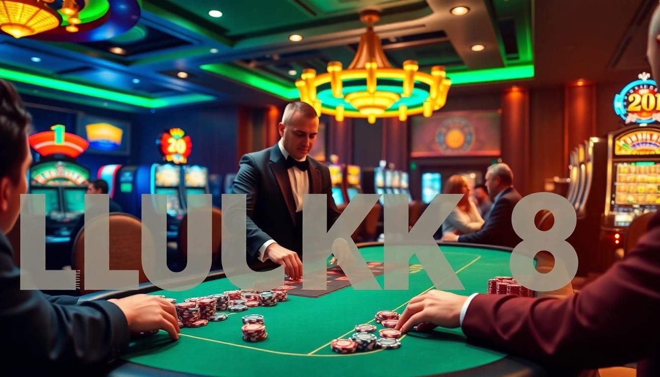 High-stakes poker game at a luxurious casino highlighting LUCK8 elements.