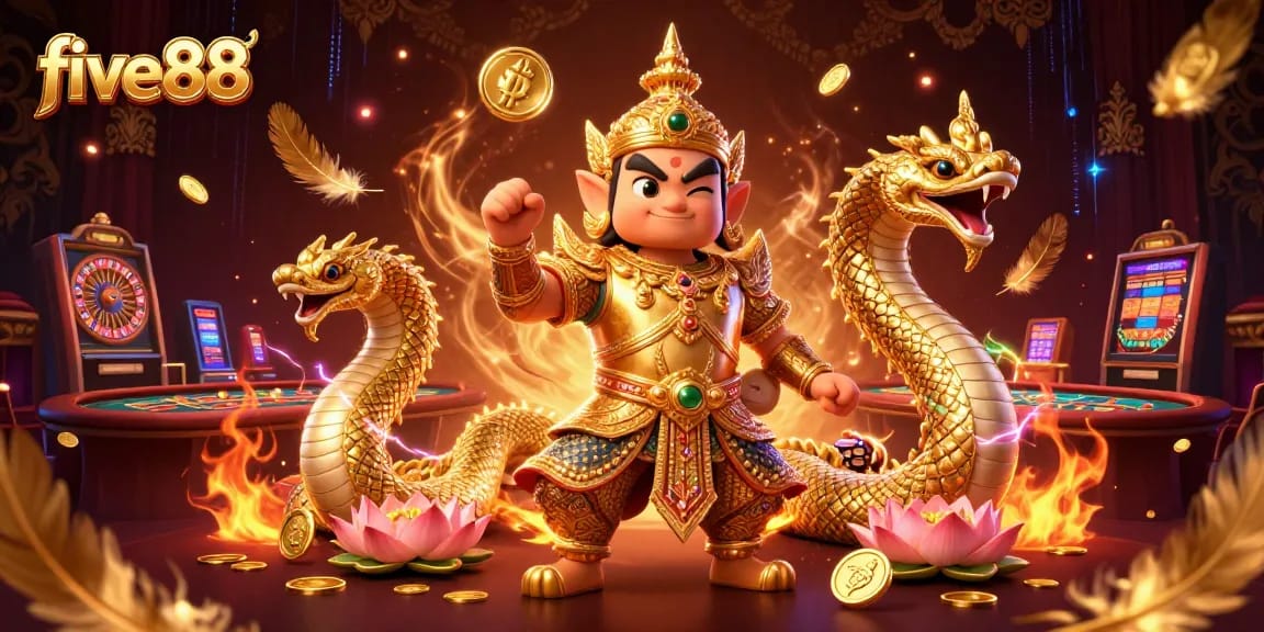 Engage with five88 in a vibrant casino scene featuring a temple guardian and dynamic game elements.