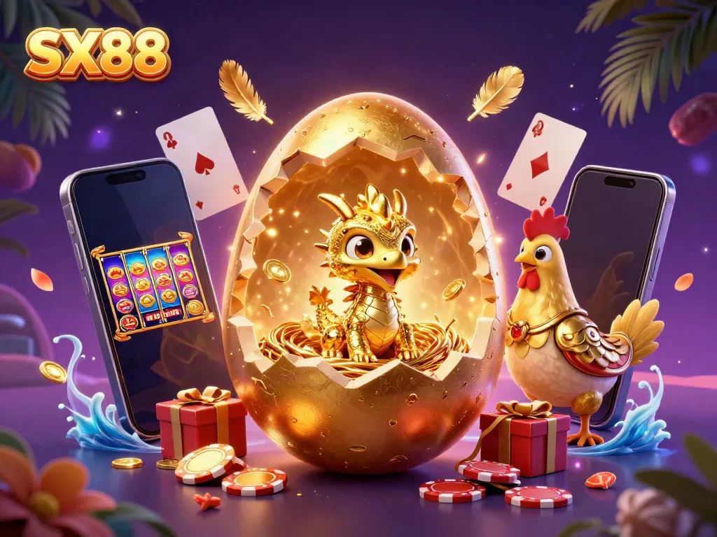 Experience the thrill of SX88 with a golden dragon and poker chips in this vibrant casino scene.