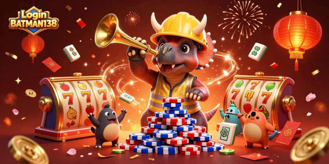 Login BATMAN138 dengan slot dan simbol keberuntungan dalam ilustrasi meriah.