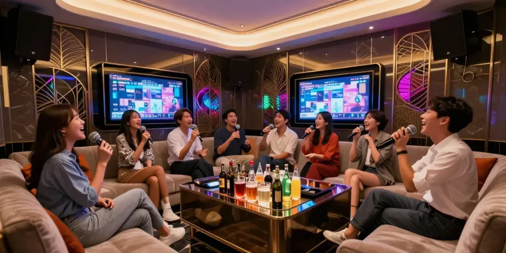 강남 세이렌의 고급스러운 노래방 내부, 친구들이 즐거운 시간을 보내는 모습입니다.