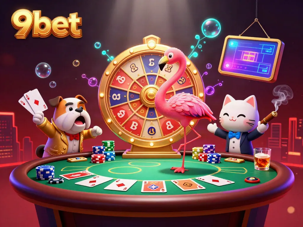 Engage with 9bet's exciting gaming scene featuring a flamingo host and high stakes poker elements.
