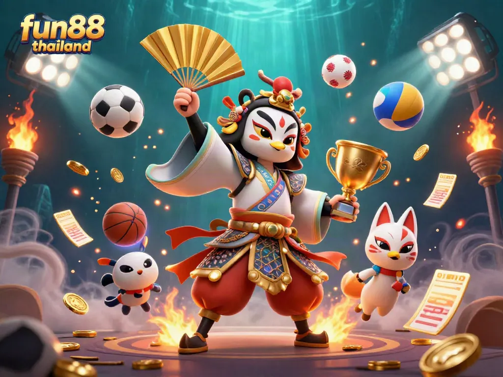 Experience thrills with fun88 thailand, featuring vibrant sports elements, kabuki characters, and dynamic gaming action.