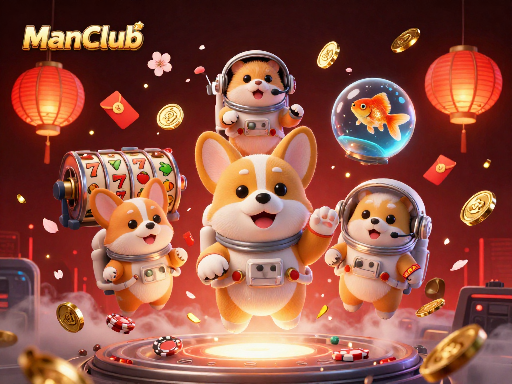 Engage with ManClub's exciting space casino adventure featuring vibrant 3D elements and characters.