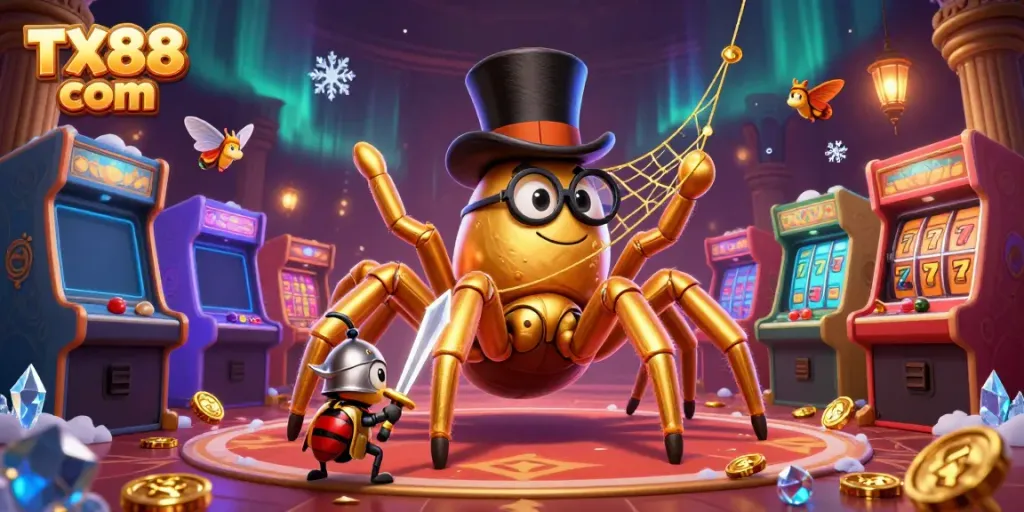 Experience casino excitement with TX88 com, featuring a golden tarantula, beetle knight, and vibrant gaming elements.