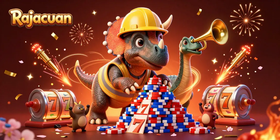 Rajacuan merayakan kemenangan dengan karakter dinosaurus di dunia kasino yang ceria.