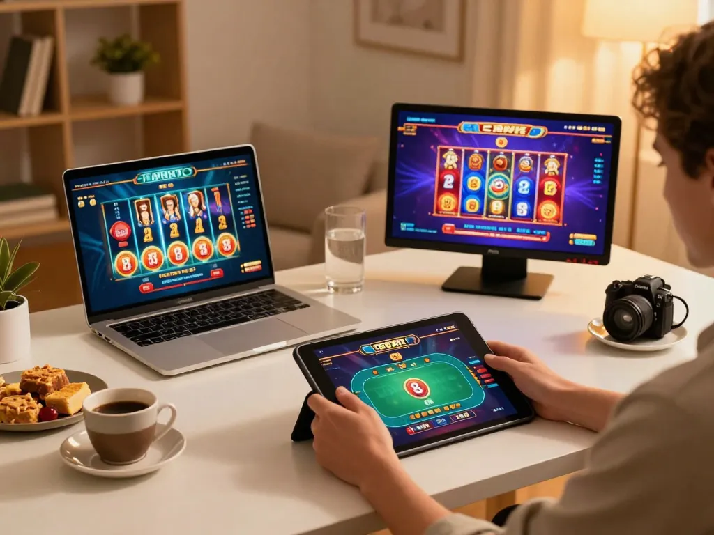 Engaged player enjoying sc88 online casino experience on tablet at home, showcasing vibrant game interface.