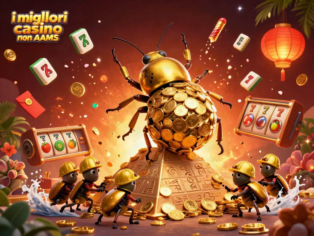Immagine che celebra i migliori casino non AAMS con un scarabeo dorato e simboli delle slot.