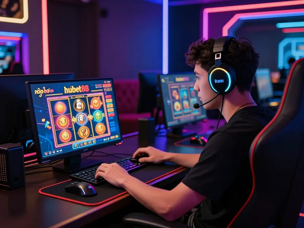 Engaging gamer enjoying nổ hũ hubet88 slot game in luxurious gaming setup.