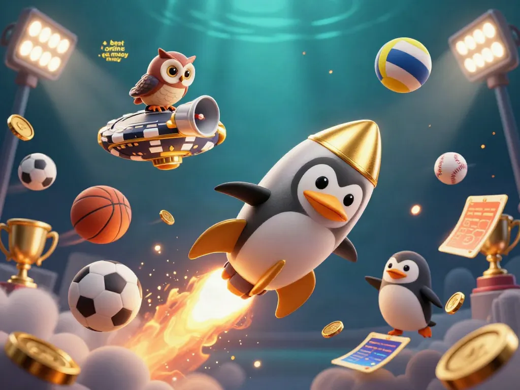Experience the best online casino real money with a dynamic 3D penguin launching towards a casino chip, surrounded by sports elements.