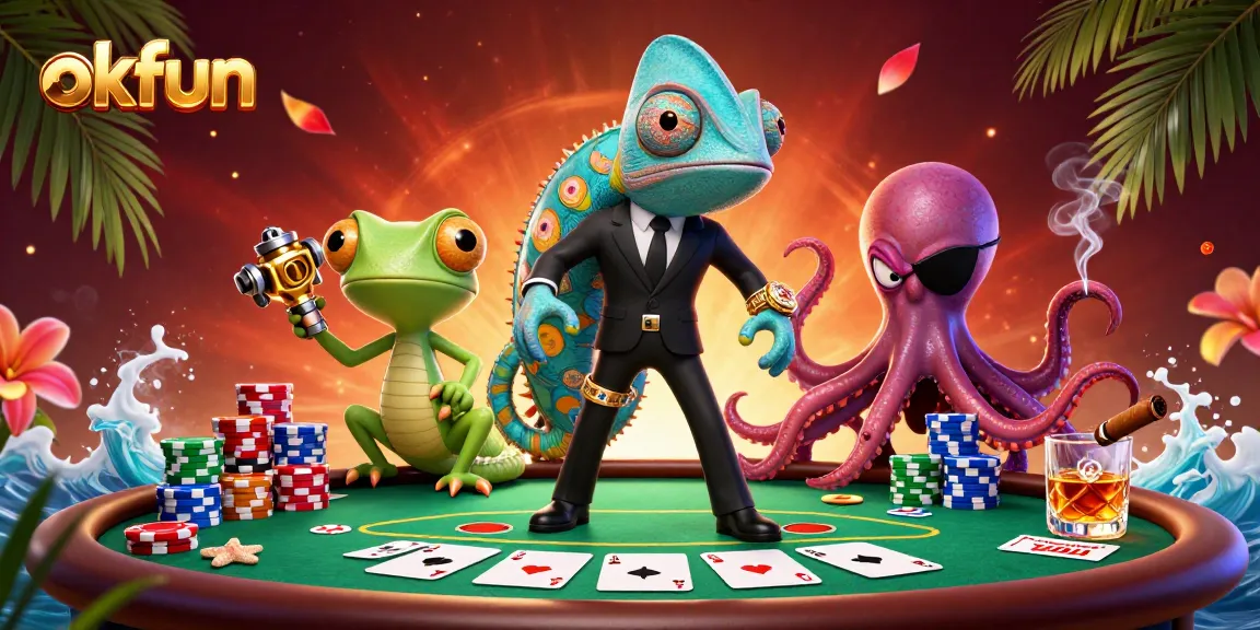 Experience the exhilarating action of okfun with vibrant casino characters and dynamic poker elements.