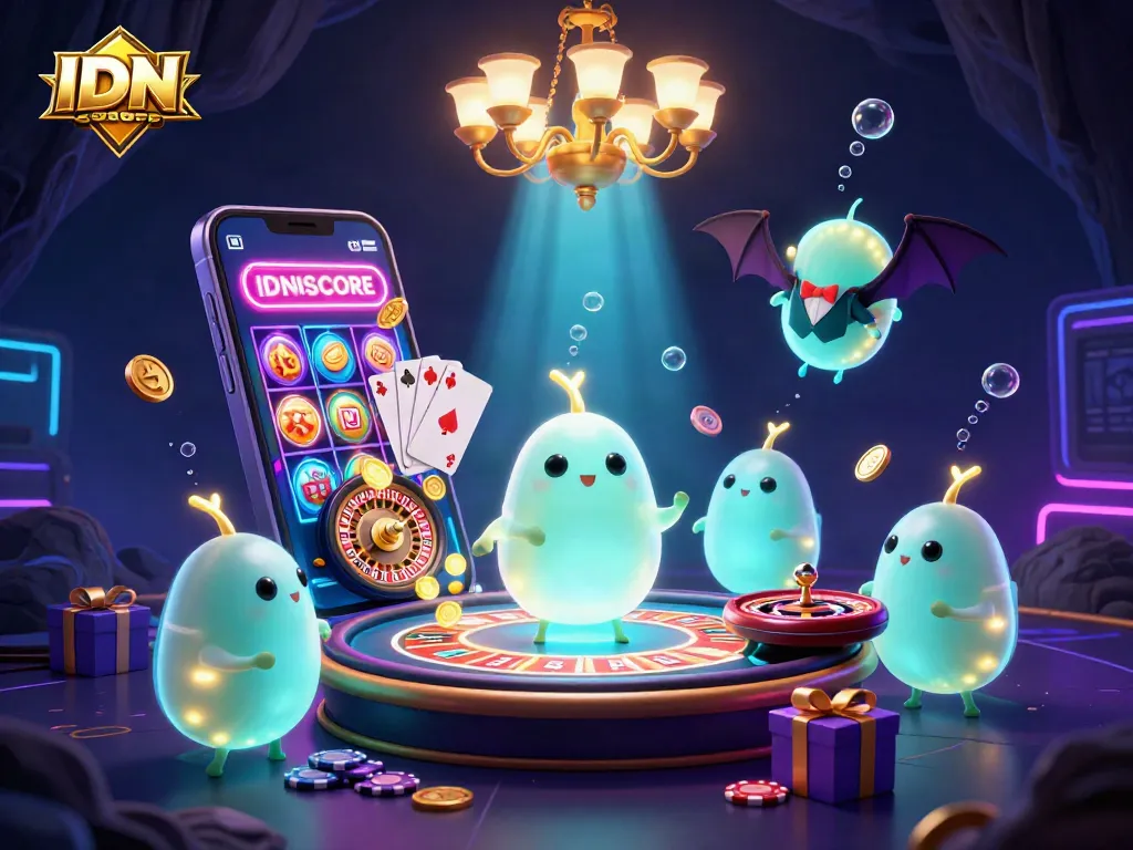 Experience the excitement of IDNSCORE as glowworms light up a vibrant casino scene with engaging game elements.