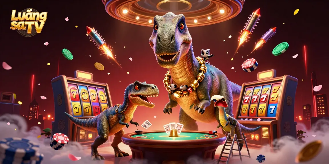 Lương sơn TV engages viewers with a fun 3D casino scene including a brontosaurus and a raptor.